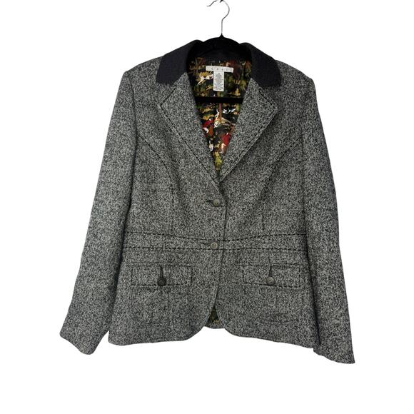 Cabi Tweed Blazer Women 14 Gray Wool Blend Equestrian Old Money Horses - Picture 1 of 9